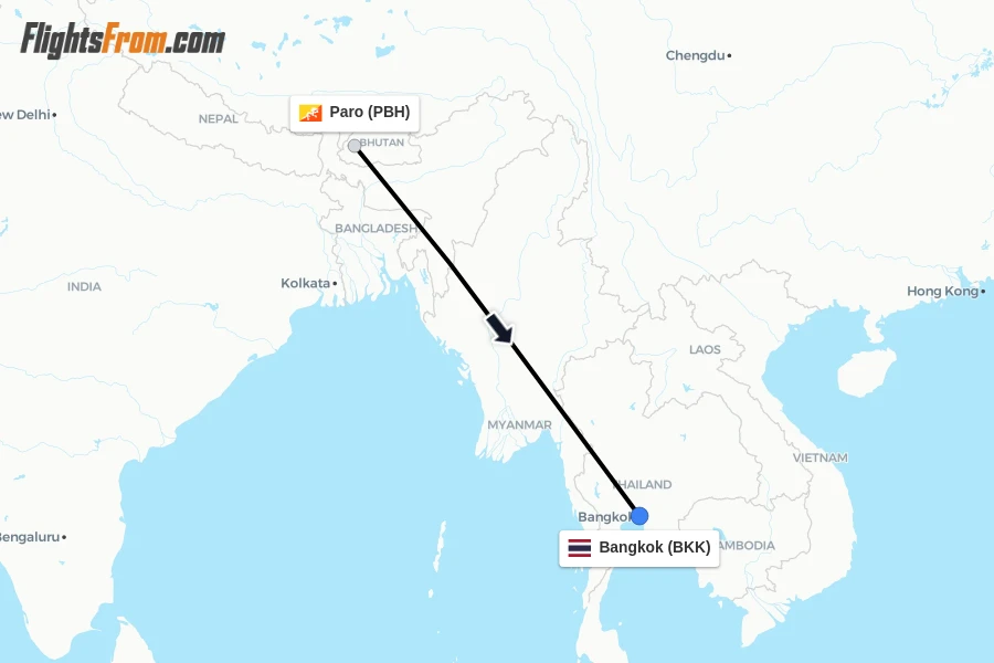 Flights from Paro to Bangkok route map