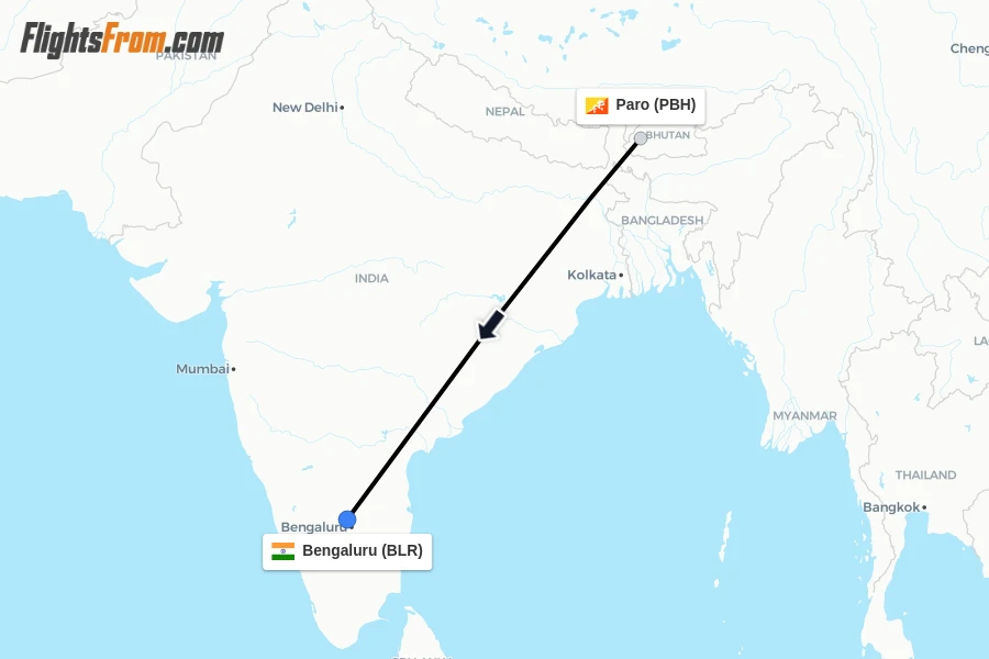 Flights from Paro to Bengaluru route map