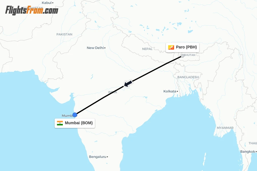 Flights from Paro to Mumbai route map