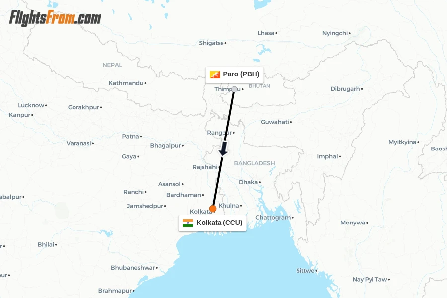 Flights from Paro to Kolkata route map