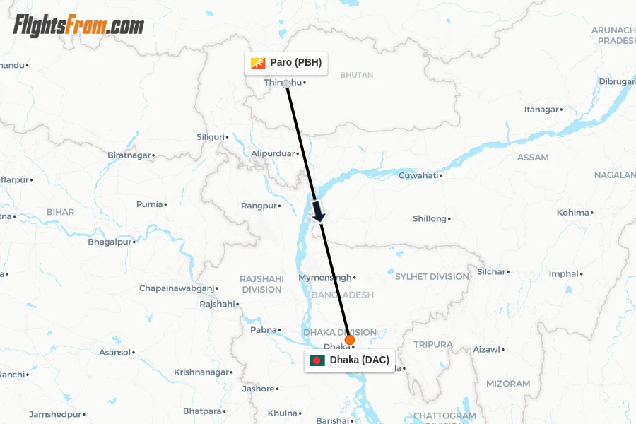 Flights from Paro to Dhaka route map