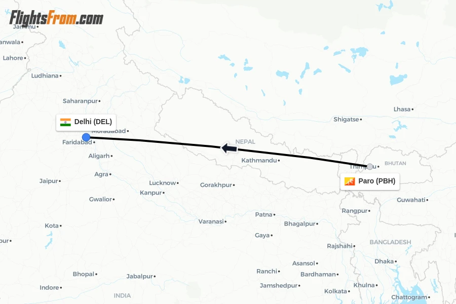Flights from Paro to Delhi route map