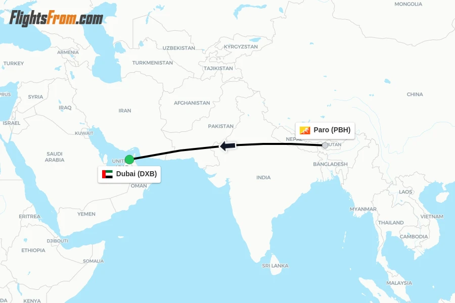 Flights from Paro to Dubai route map