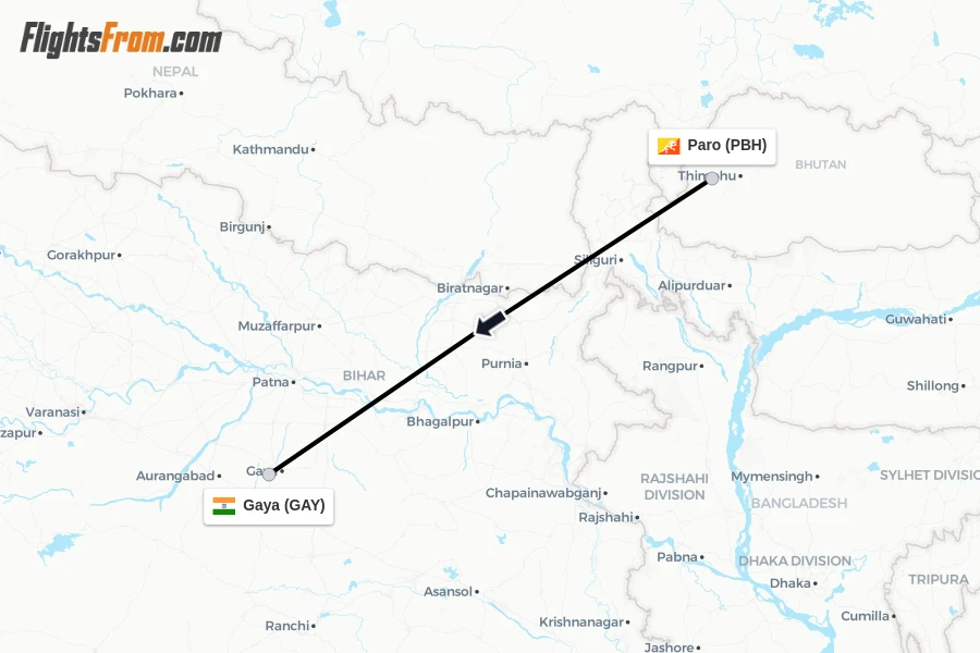 Flights from Paro to Gaya route map