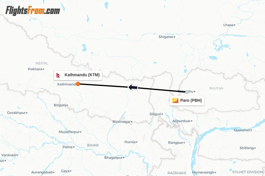 Flights from Paro to Kathmandu route map