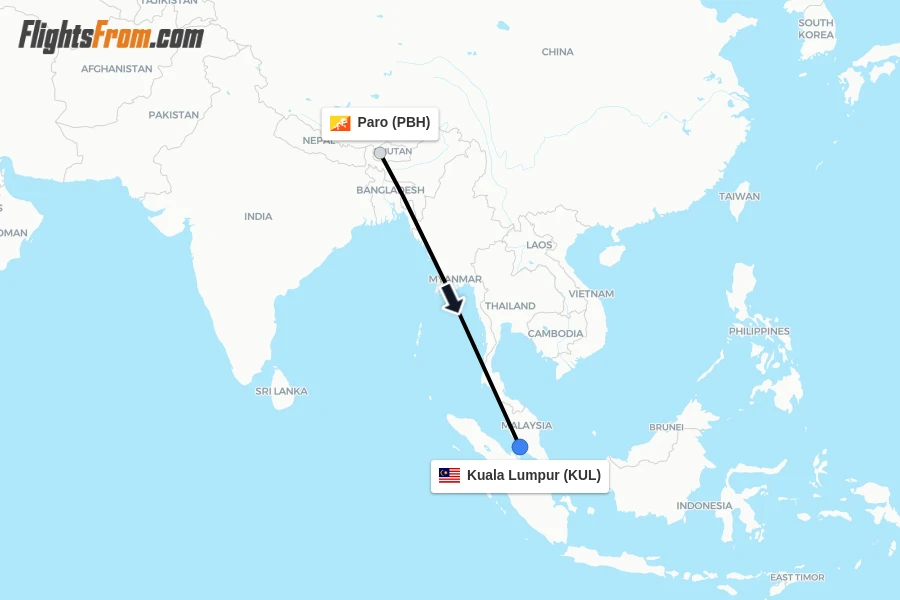 Flights from Paro to Kuala Lumpur route map