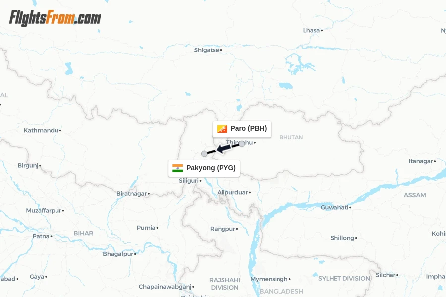 Flights from Paro to Pakyong route map