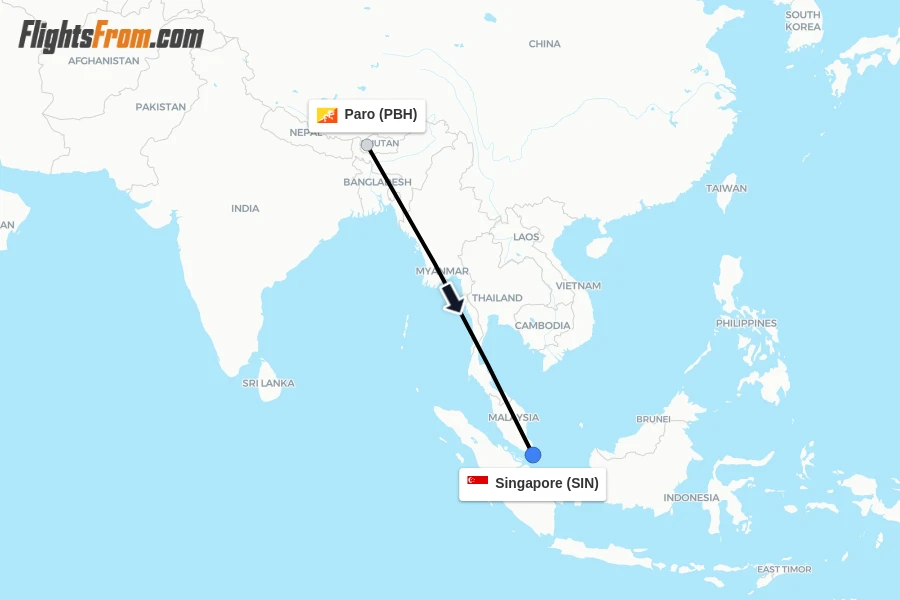 Flights from Paro to Singapore route map