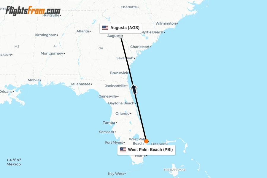 Flights from West Palm Beach to Augusta route map