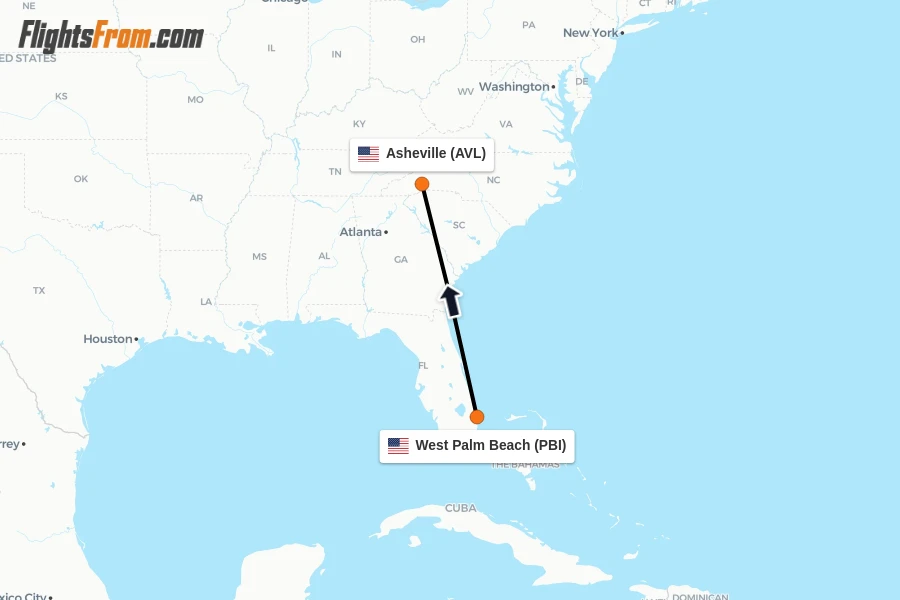 Flights from West Palm Beach to Asheville route map