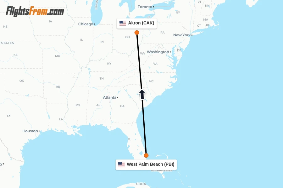 Flights from West Palm Beach to Akron route map