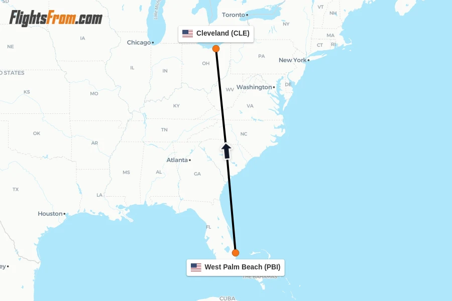 Flights from West Palm Beach to Cleveland route map