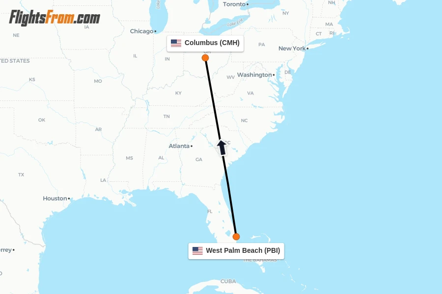 Flights from West Palm Beach to Columbus route map