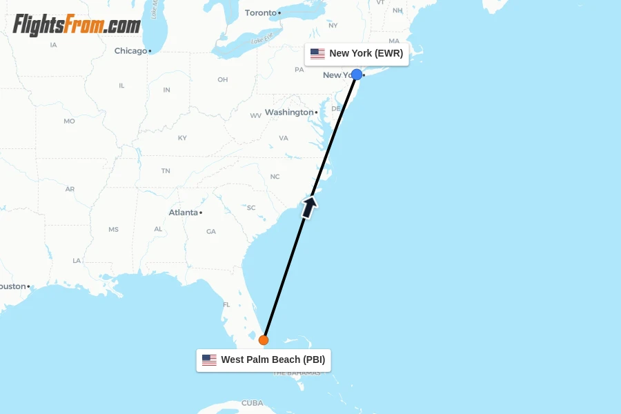Flights from West Palm Beach to New York route map