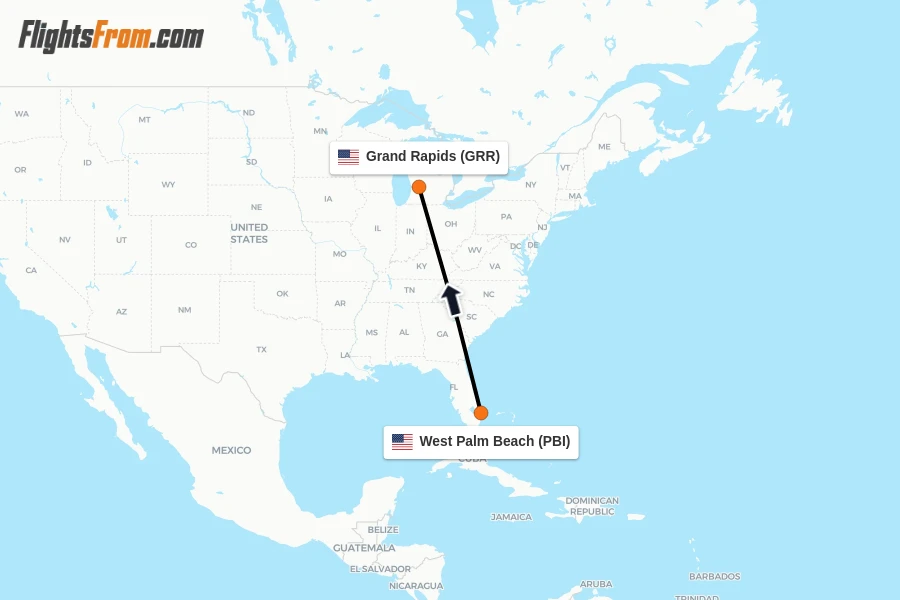 Flights from West Palm Beach to Grand Rapids route map