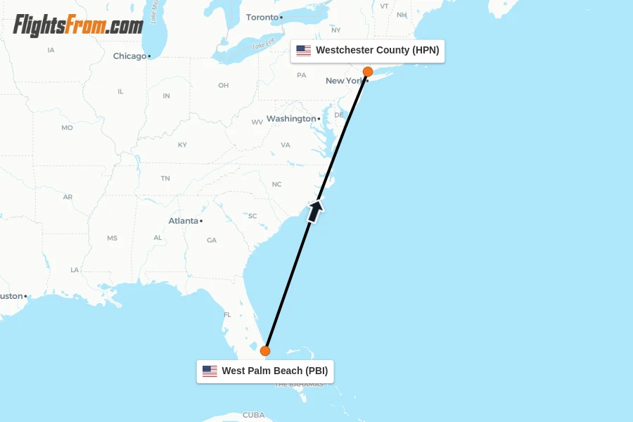 Flights from West Palm Beach to Westchester County route map