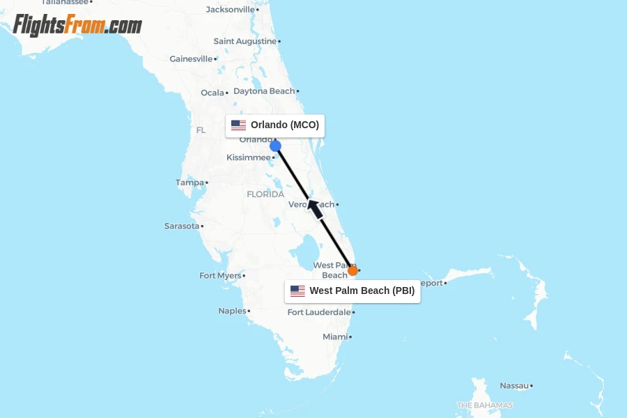 Flights from West Palm Beach to Orlando route map
