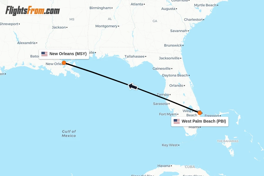 Flights from West Palm Beach to New Orleans route map