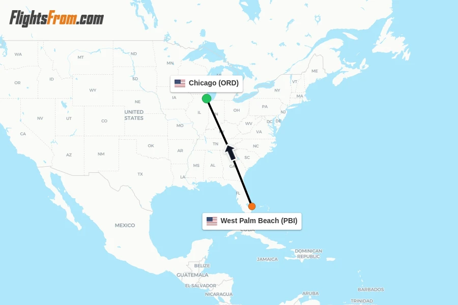 Flights from West Palm Beach to Chicago route map