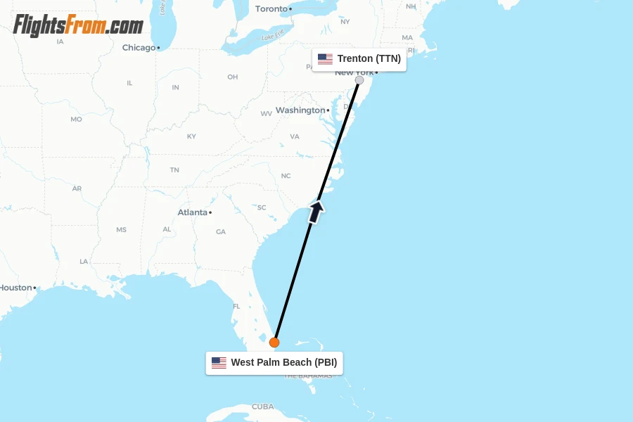 Flights from West Palm Beach to Trenton route map
