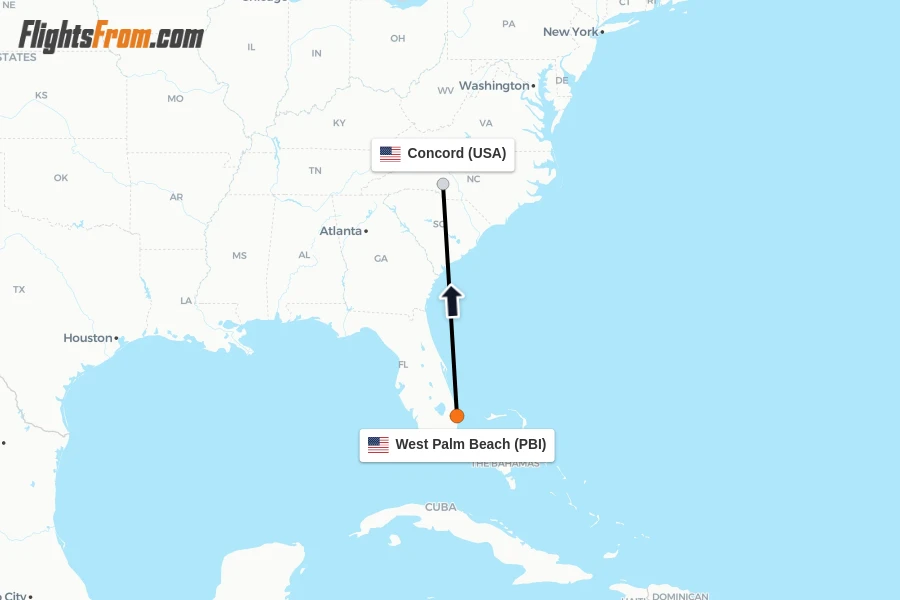 Flights from West Palm Beach to Concord route map