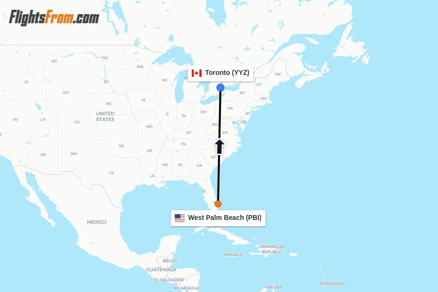 Flights from West Palm Beach to Toronto route map