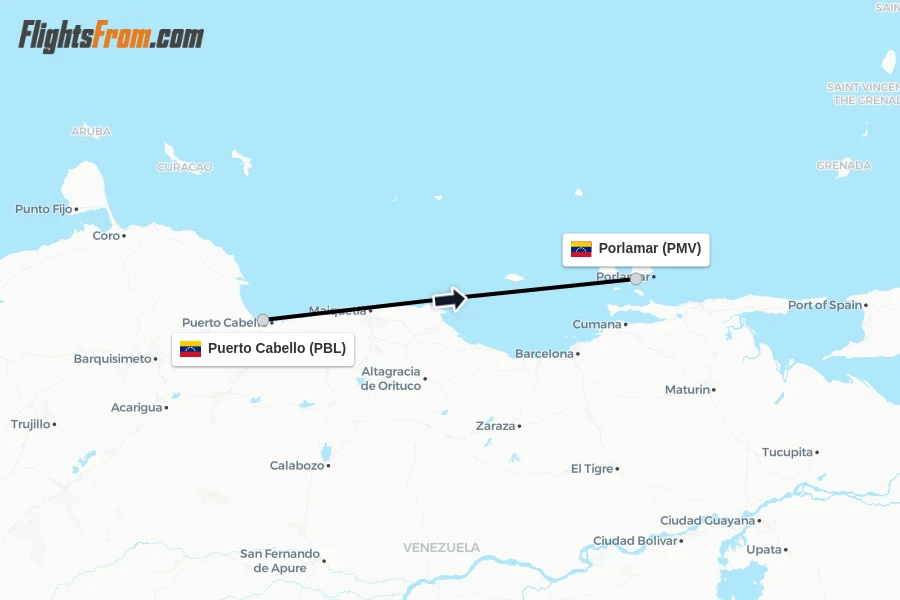 Flights from Puerto Cabello to Porlamar route map
