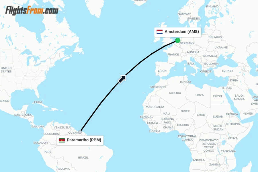 Flights from Paramaribo to Amsterdam route map