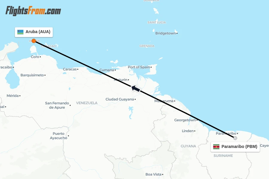 Flights from Paramaribo to Aruba route map