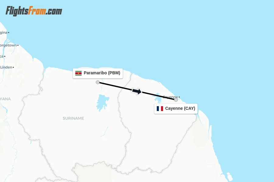 Flights from Paramaribo to Cayenne route map