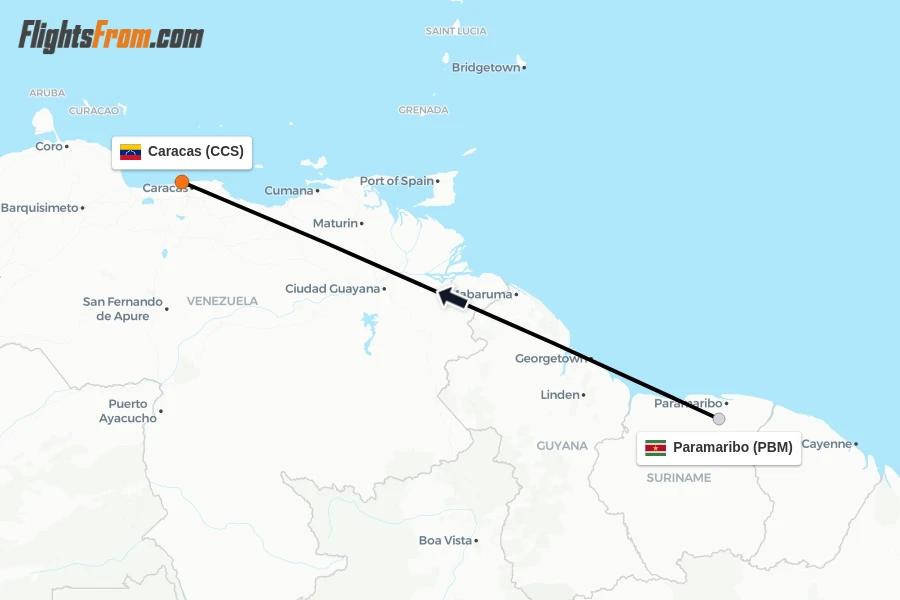 Flights from Paramaribo to Caracas route map