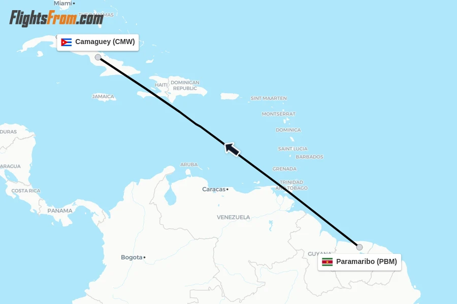 Flights from Paramaribo to Camaguey route map