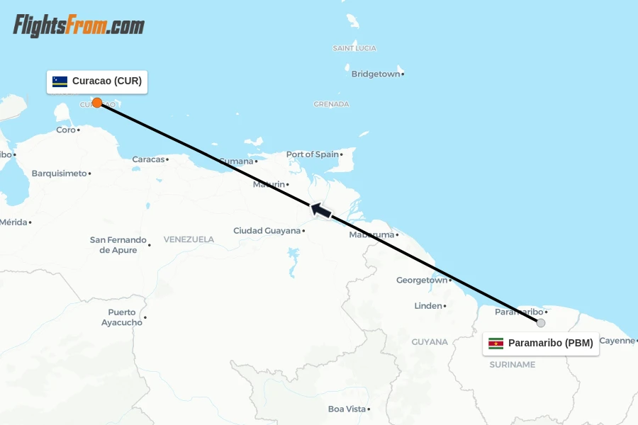 Flights from Paramaribo to Curacao route map