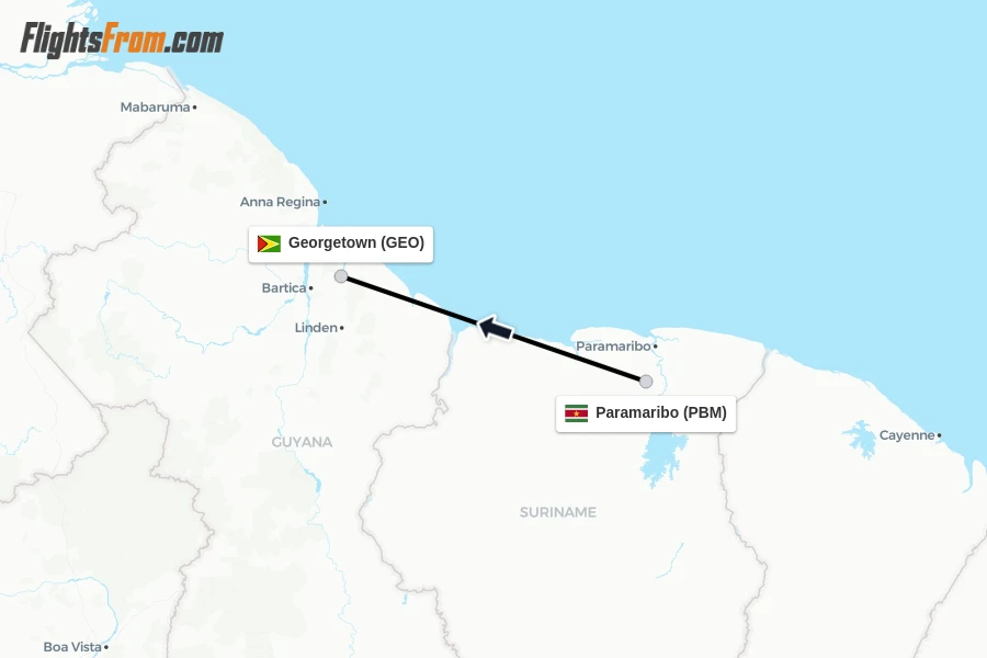 Flights from Paramaribo to Georgetown route map