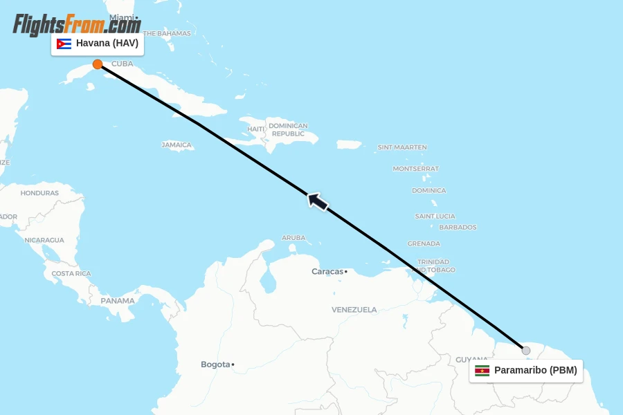 Flights from Paramaribo to Havana route map