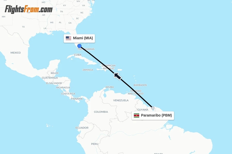 Flights from Paramaribo to Miami route map