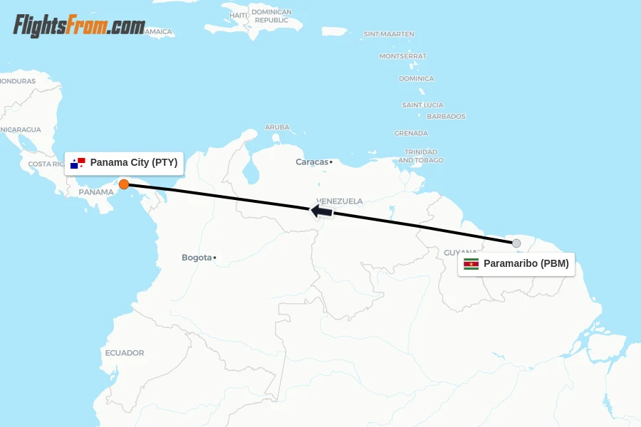 Flights from Paramaribo to Panama City route map