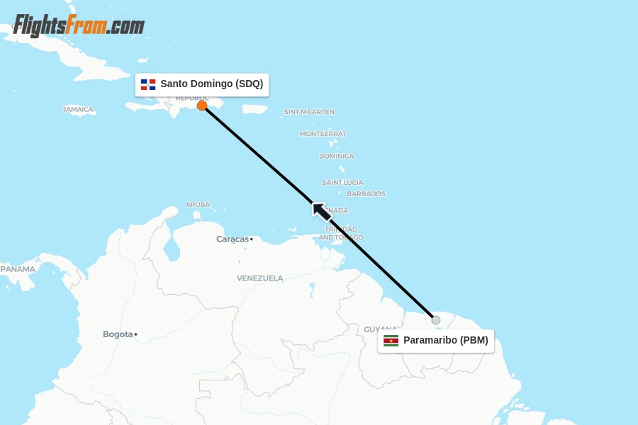 Flights from Paramaribo to Santo Domingo route map