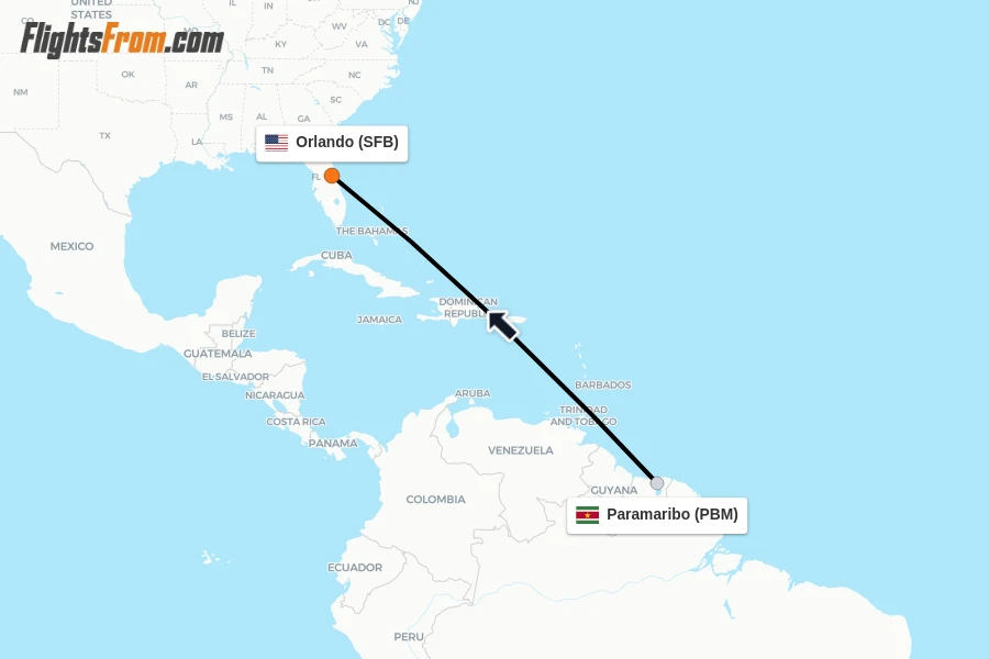 Flights from Paramaribo to Orlando route map