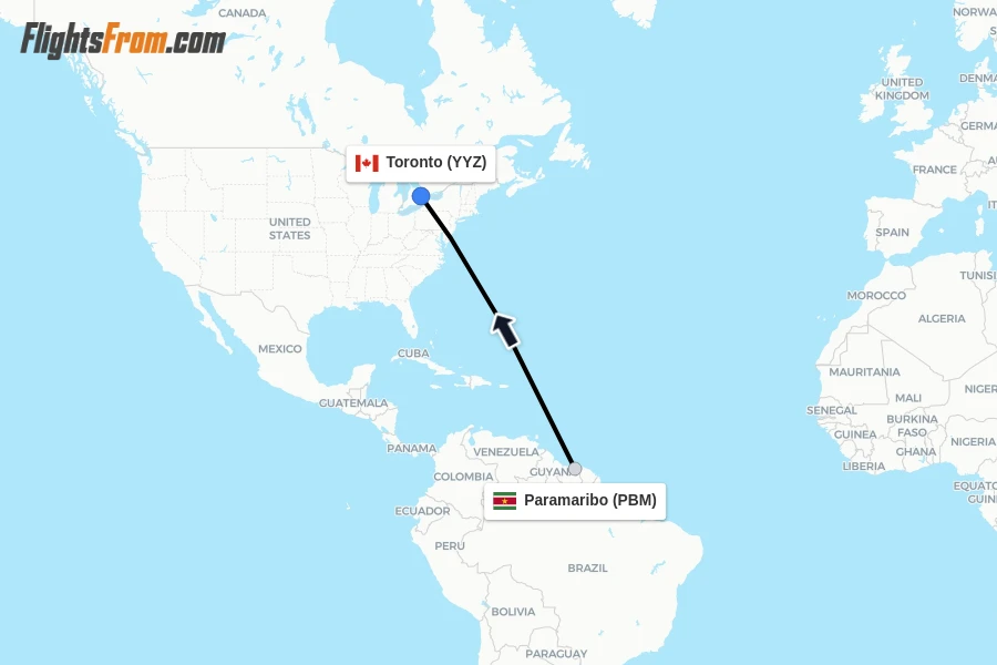 Flights from Paramaribo to Toronto route map