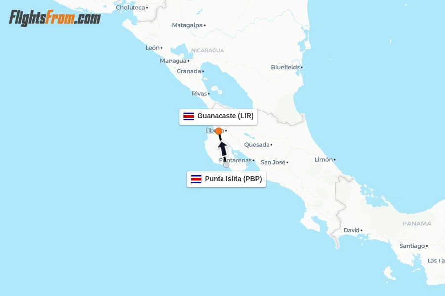 Flights from Punta Islita to Guanacaste route map