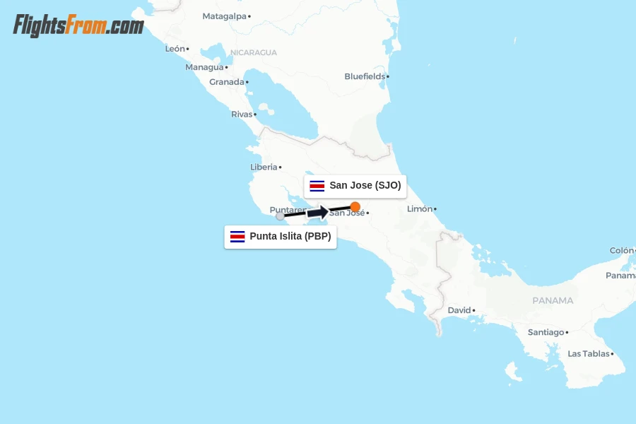 Flights from Punta Islita to San Jose route map