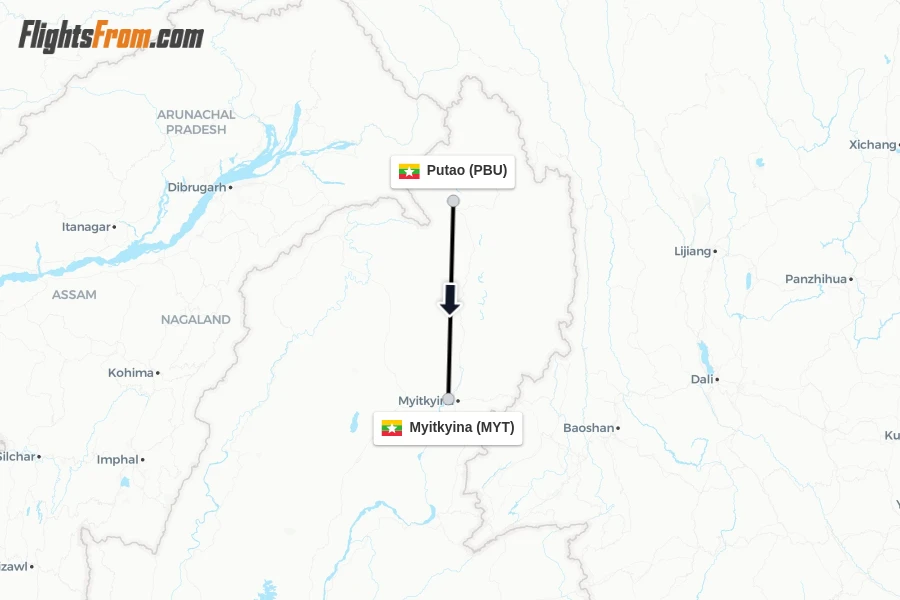 Flights from Putao to Myitkyina route map