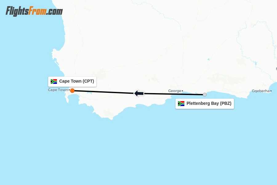 Flights from Plettenberg Bay to Cape Town route map