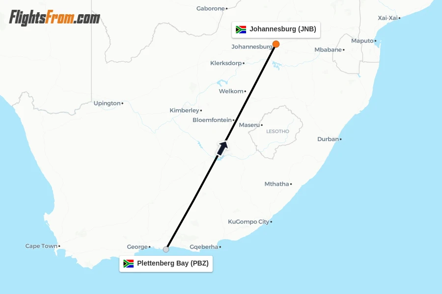 Flights from Plettenberg Bay to Johannesburg route map