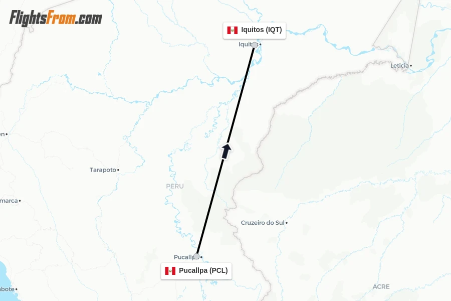 Flights from Pucallpa to Iquitos route map