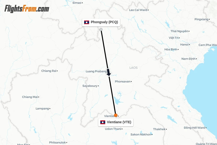 Flights from Phongsaly to Vientiane route map