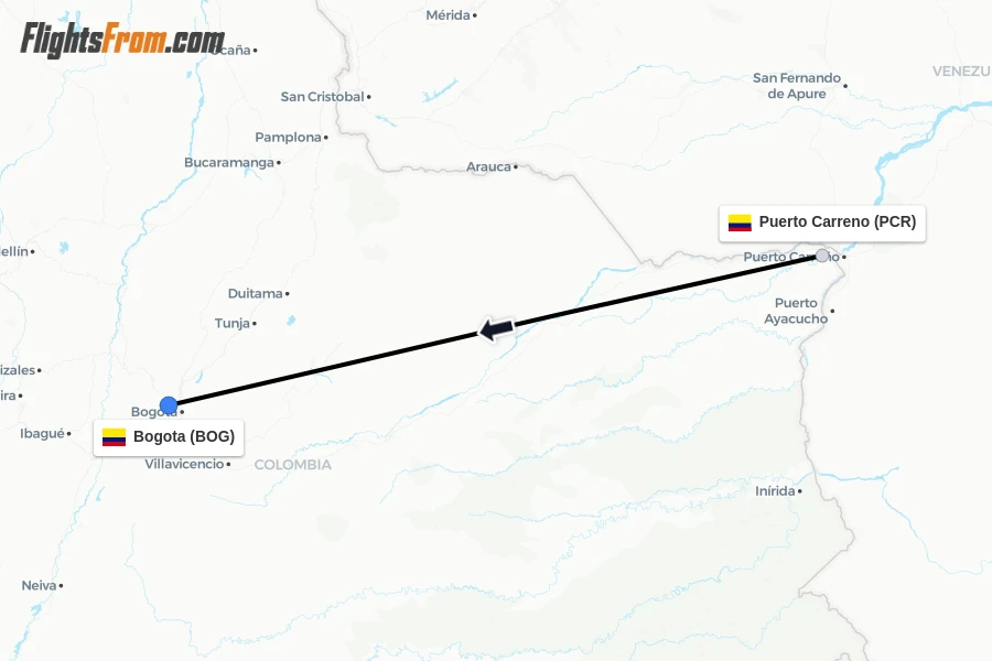 Flights from Puerto Carreno to Bogota route map
