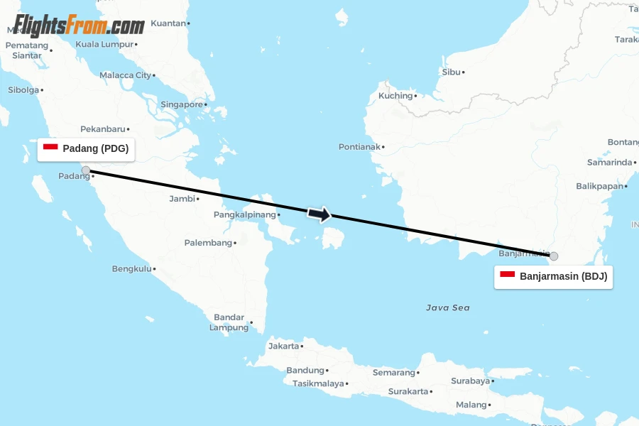 Flights from Padang to Banjarmasin route map