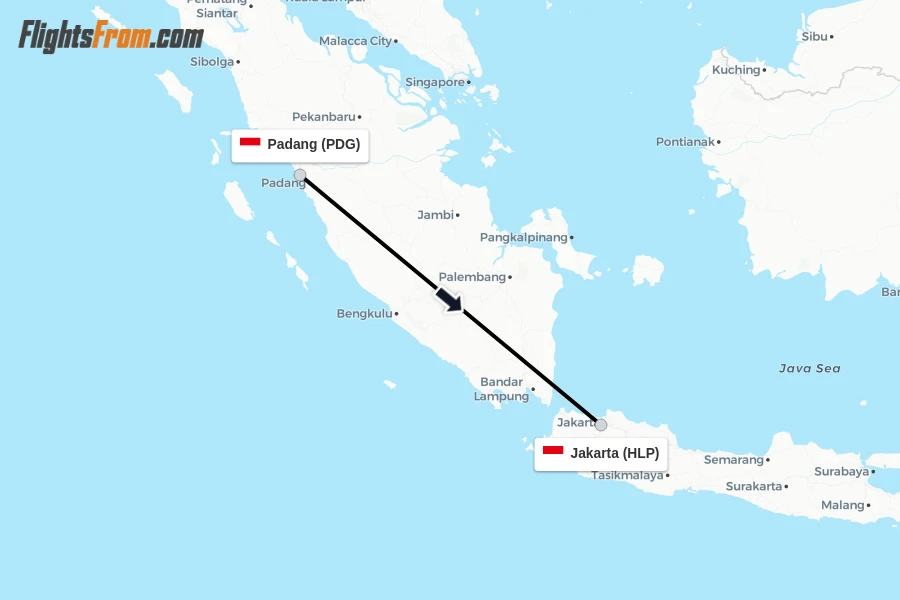 Flights from Padang to Jakarta route map